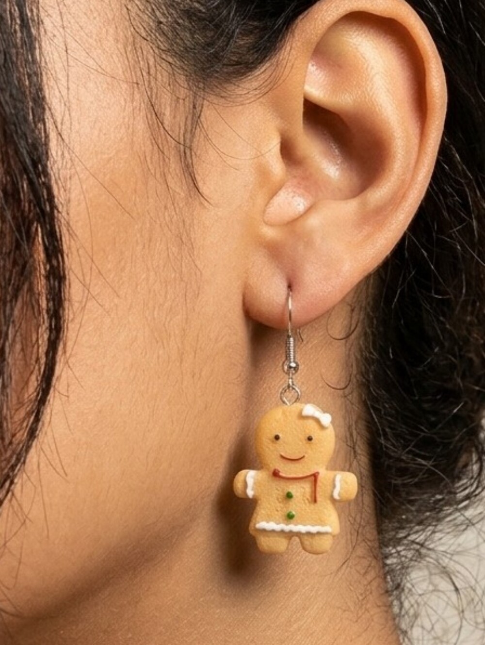Handmade Gingerbread Cookie Dangle Earrings Kawaii Christmas Holiday Jewelry